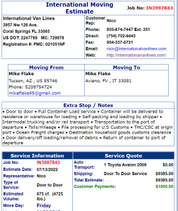 International Moving Estimates: Example Example of international moving estimates